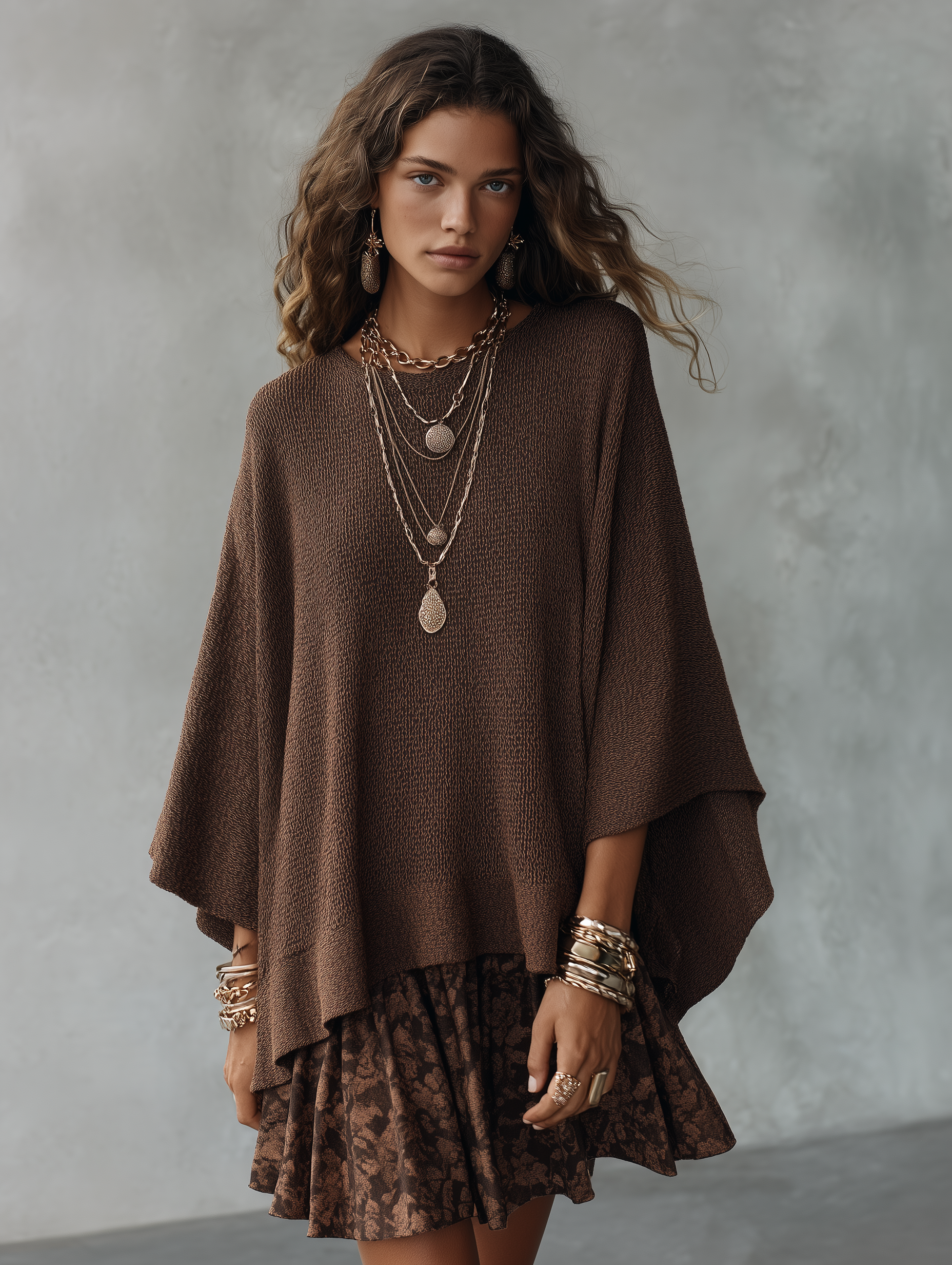 Cozy Boho Knit Cape Poncho Top & Floral Ruffle Skirt Brown Two-Piece Set