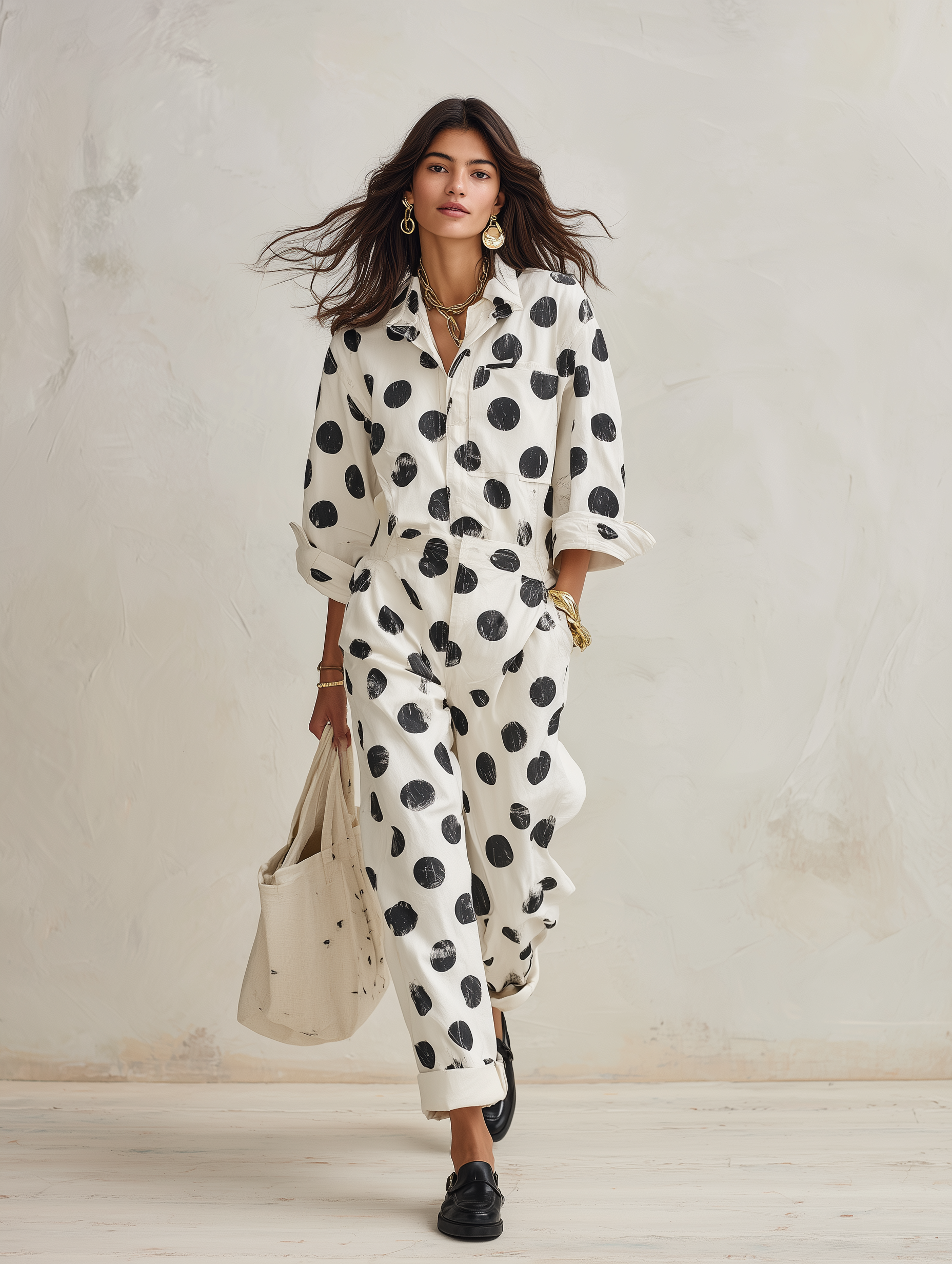 Women's Polka Dot Print Long Sleeve Cotton Jumpsuit