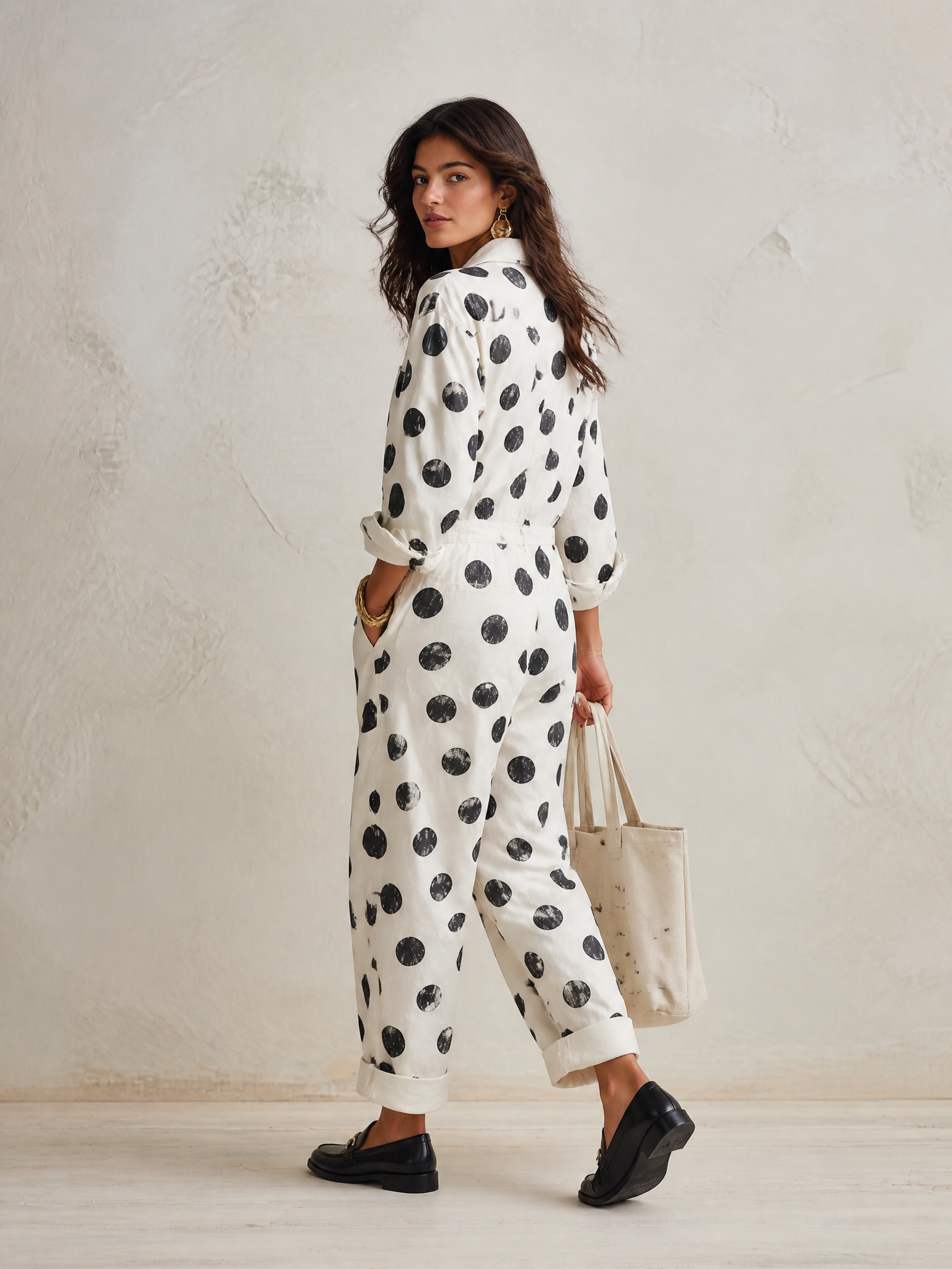 Women's Polka Dot Print Long Sleeve Cotton Jumpsuit