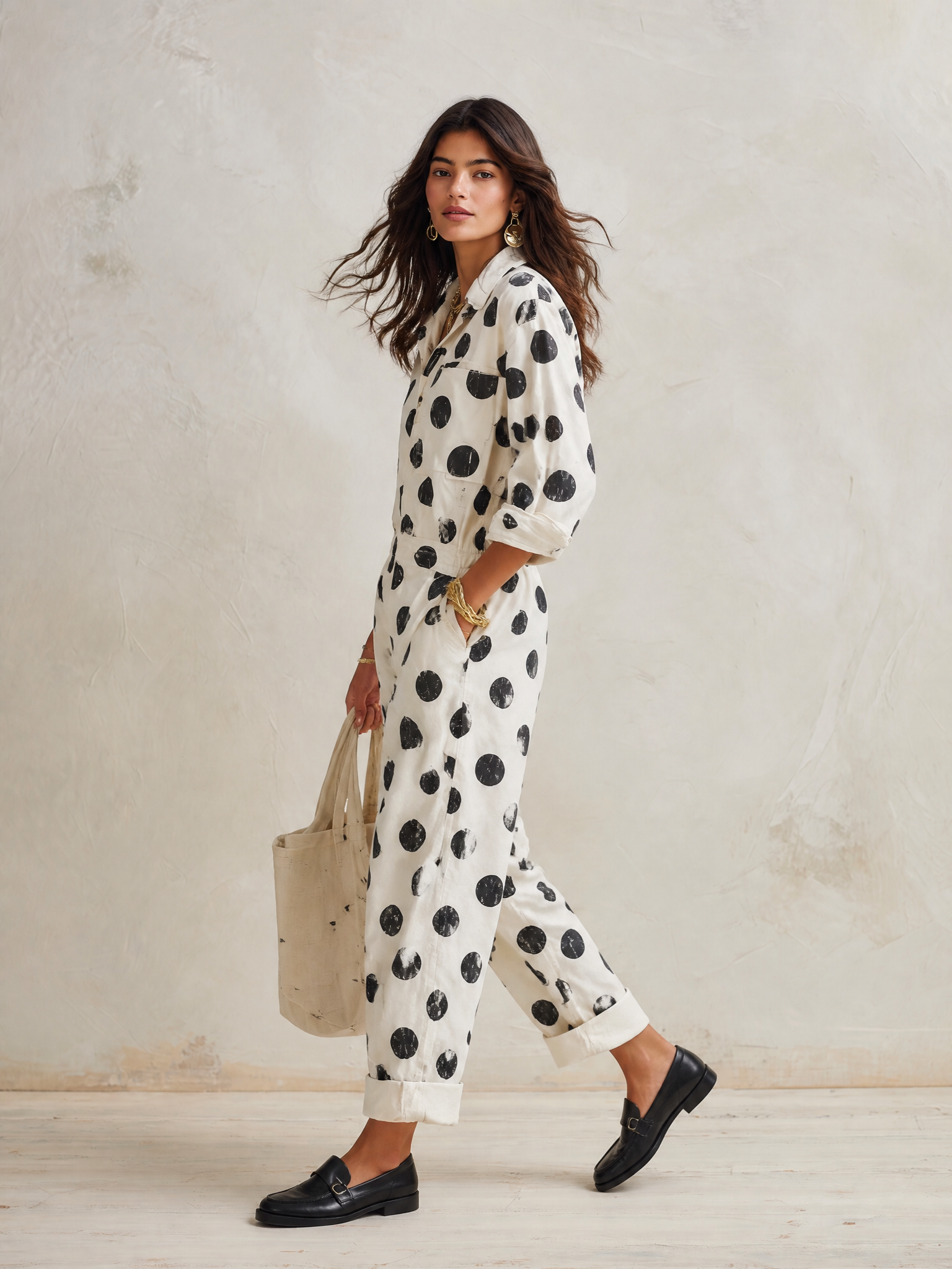 Women's Polka Dot Print Long Sleeve Cotton Jumpsuit