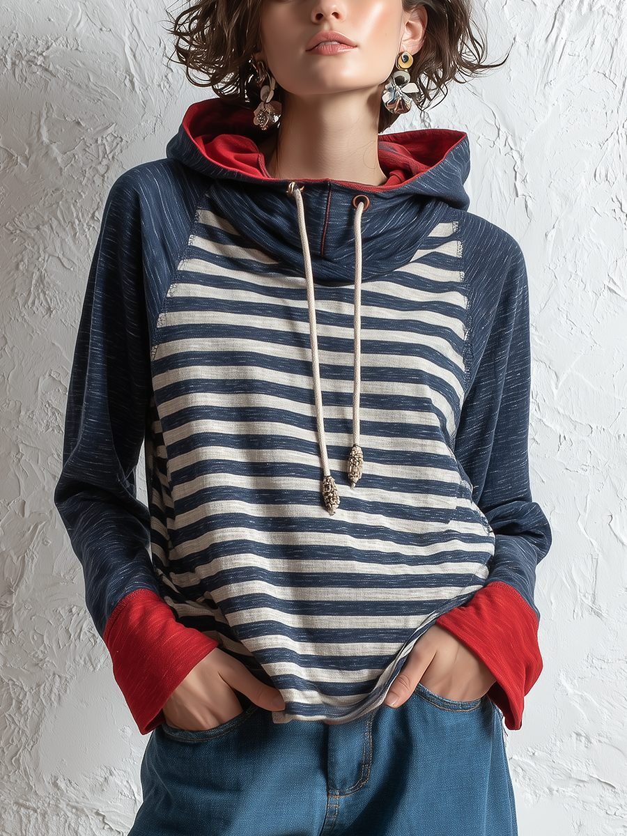 Casual Navy Striped Contrast Hooded Top