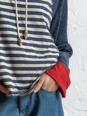 Casual Navy Striped Contrast Hooded Top