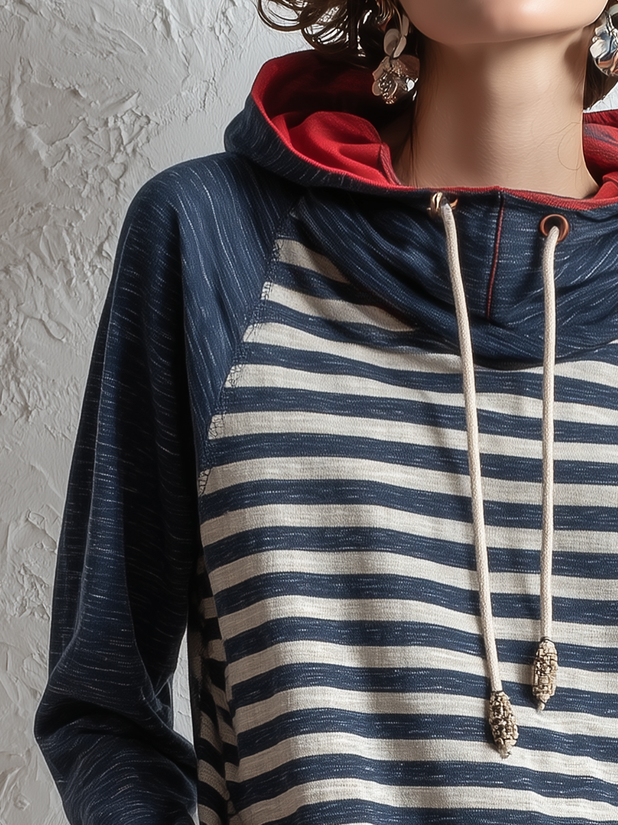 Casual Navy Striped Contrast Hooded Top