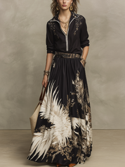 Elegant Black Artistic Print Blouse & Maxi Skirt Set
