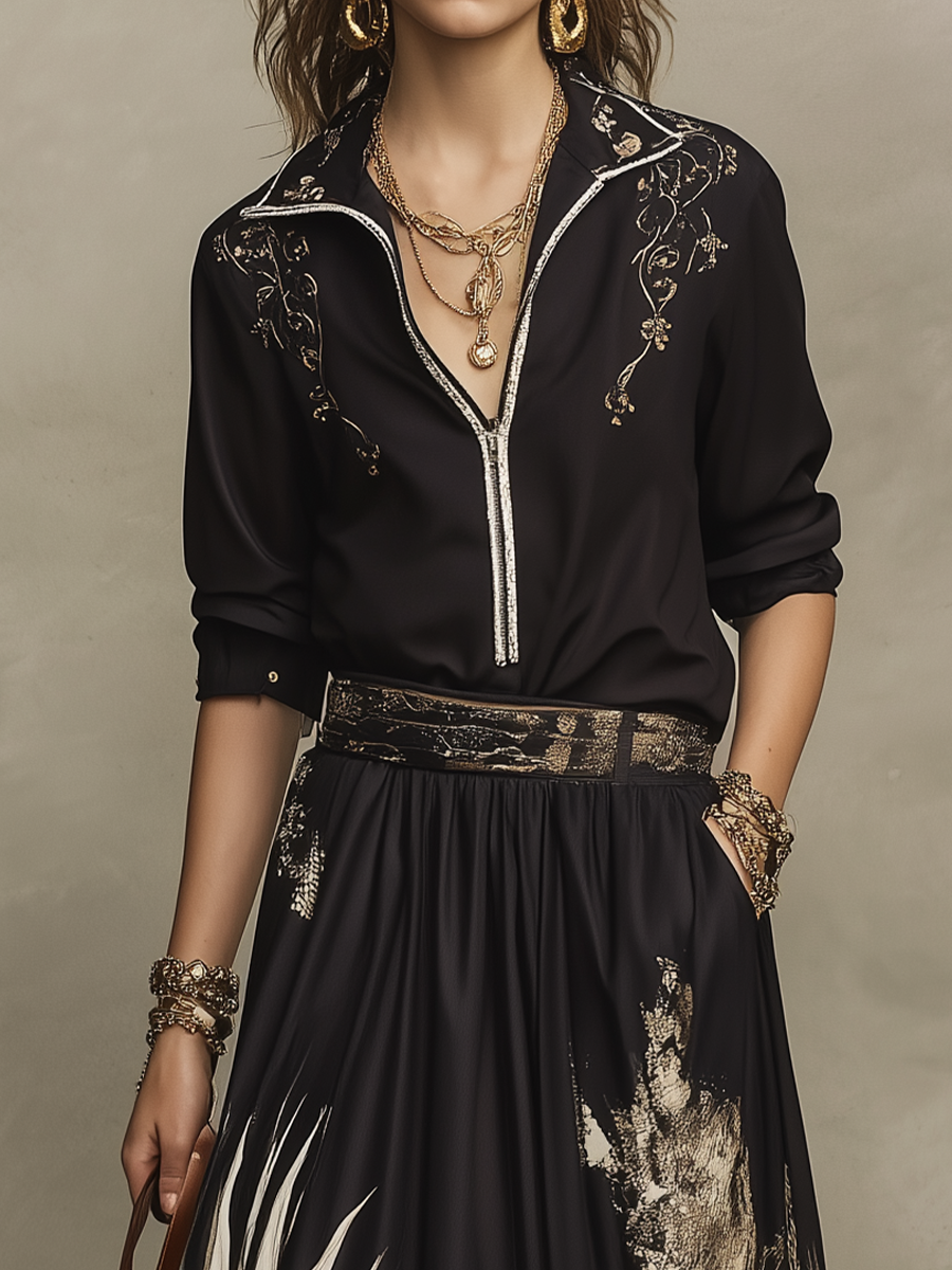 Elegant Black Artistic Print Blouse & Maxi Skirt Set