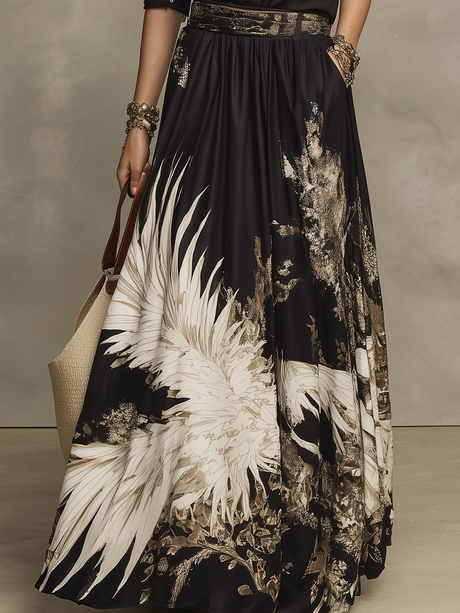 Elegant Black Artistic Print Blouse & Maxi Skirt Set