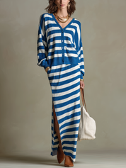 Refined Cobalt Blue Striped Knit Cardigan & Maxi Skirt Set