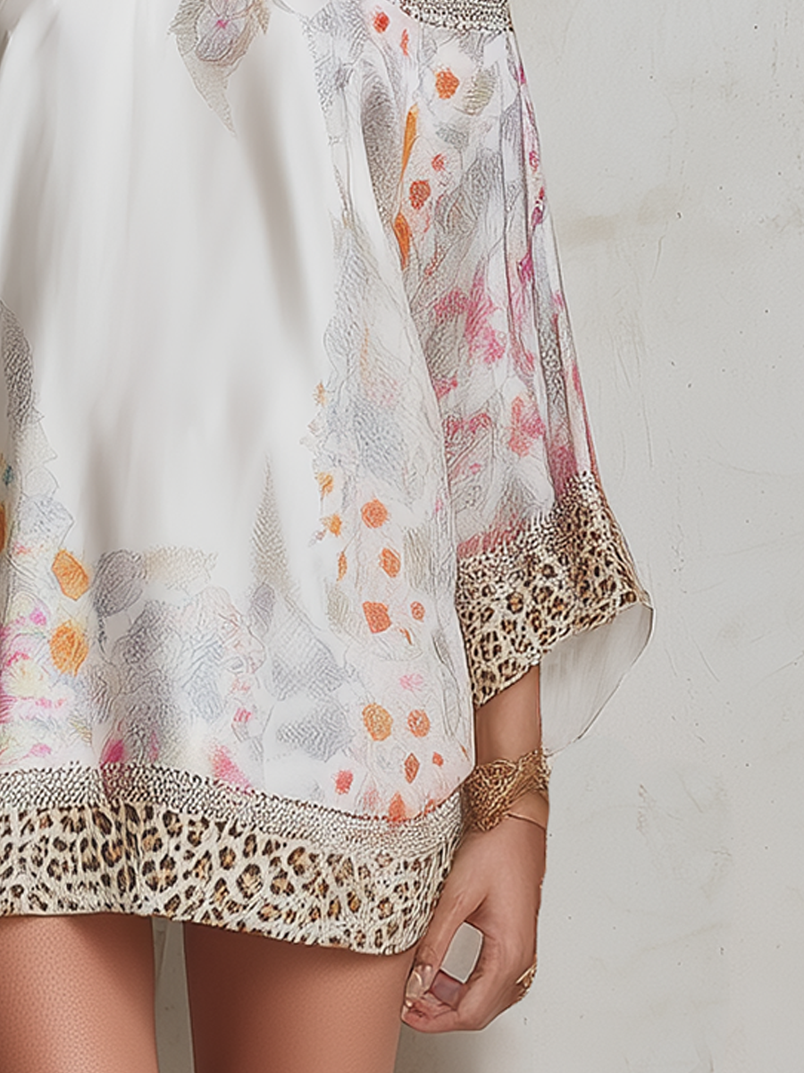 Bohemian Ivory Floral Leopard Trim Tunic Mini Dress