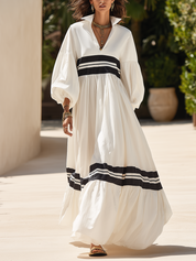 Coastal White Cotton Contrast Stripe Puff Sleeve Maxi Dress