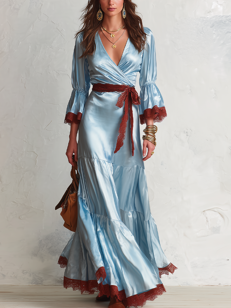 Elegant Sky Blue Lace Trim Wrap Satin Maxi Dress