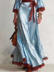 Elegant Sky Blue Lace Trim Wrap Satin Maxi Dress