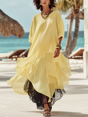 Bohemian Butter Yellow Chiffon Layered Ruffle Maxi Dress
