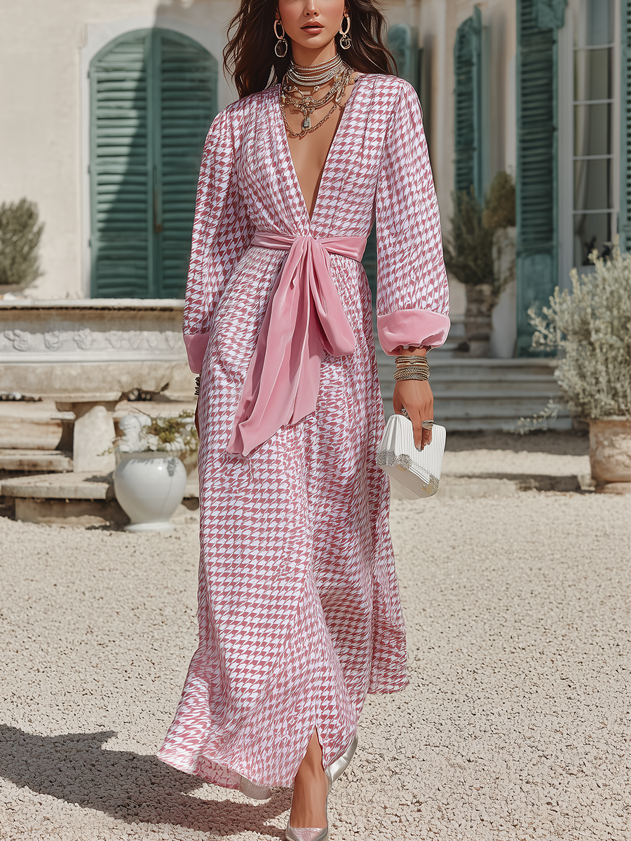 Romantic Pink Printed V Tie-Waist Maxi Dress