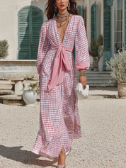 Romantic Pink Printed V Tie-Waist Maxi Dress