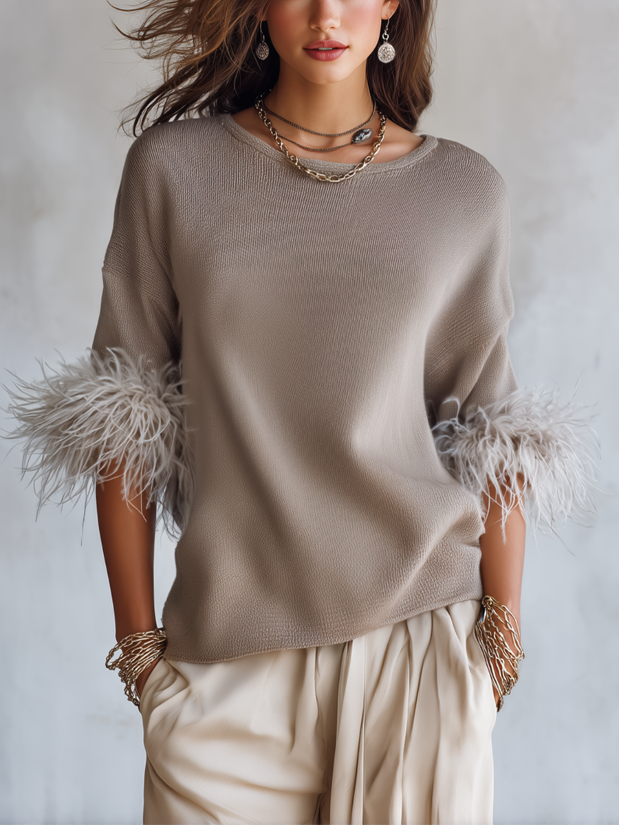 Elegant Taupe Knit Feather Cuff Relaxed Top