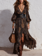 Bohemian Brown Paisley Print Ruffle Maxi Dress