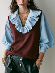 Vintage Burgundy Knit Vest And Blue Ruffled Shirt