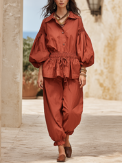Relaxed Terracotta Cotton Drawstring Waist Balloon-Pant Set