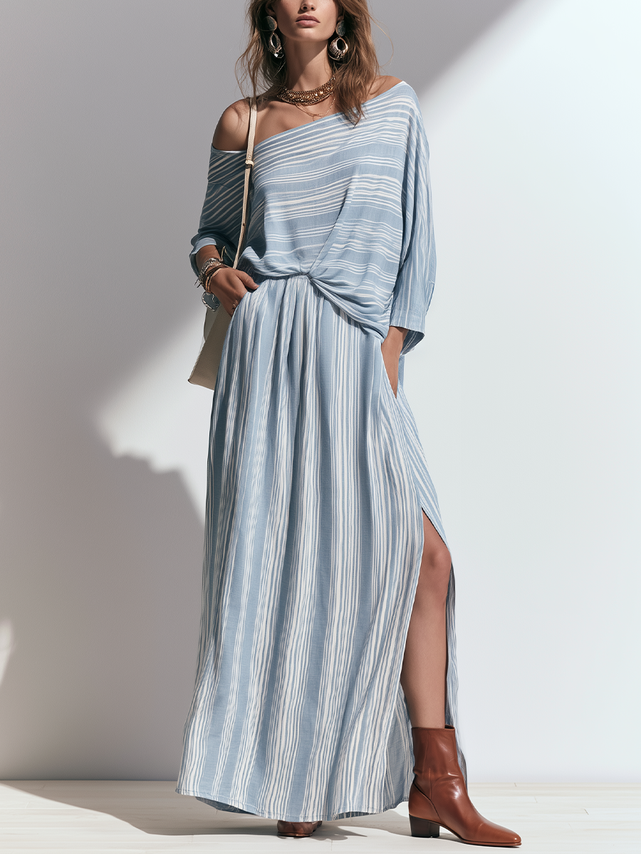 Refined Light Blue Striped Top & Maxi Skirt Set
