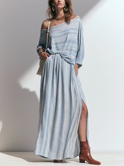 Refined Light Blue Striped Top & Maxi Skirt Set