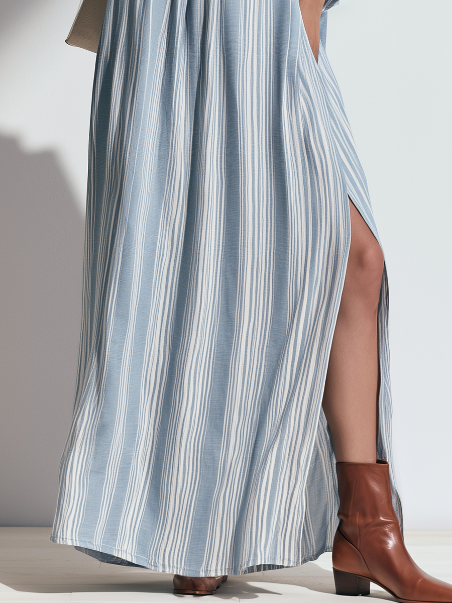 Refined Light Blue Striped Top & Maxi Skirt Set