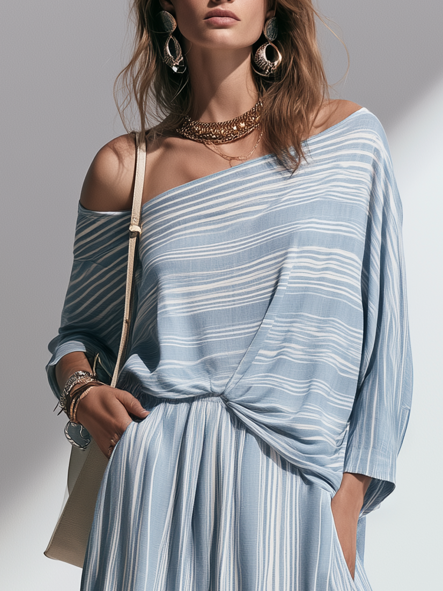 Refined Light Blue Striped Top & Maxi Skirt Set