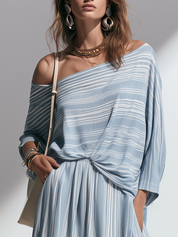 Refined Light Blue Striped Top & Maxi Skirt Set
