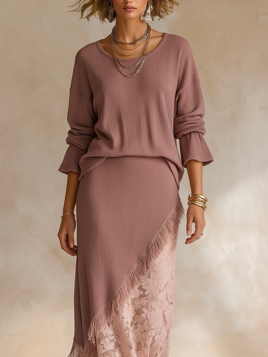 Earthy Boho Asymmetric Lace Panel Skirt Outfit Set