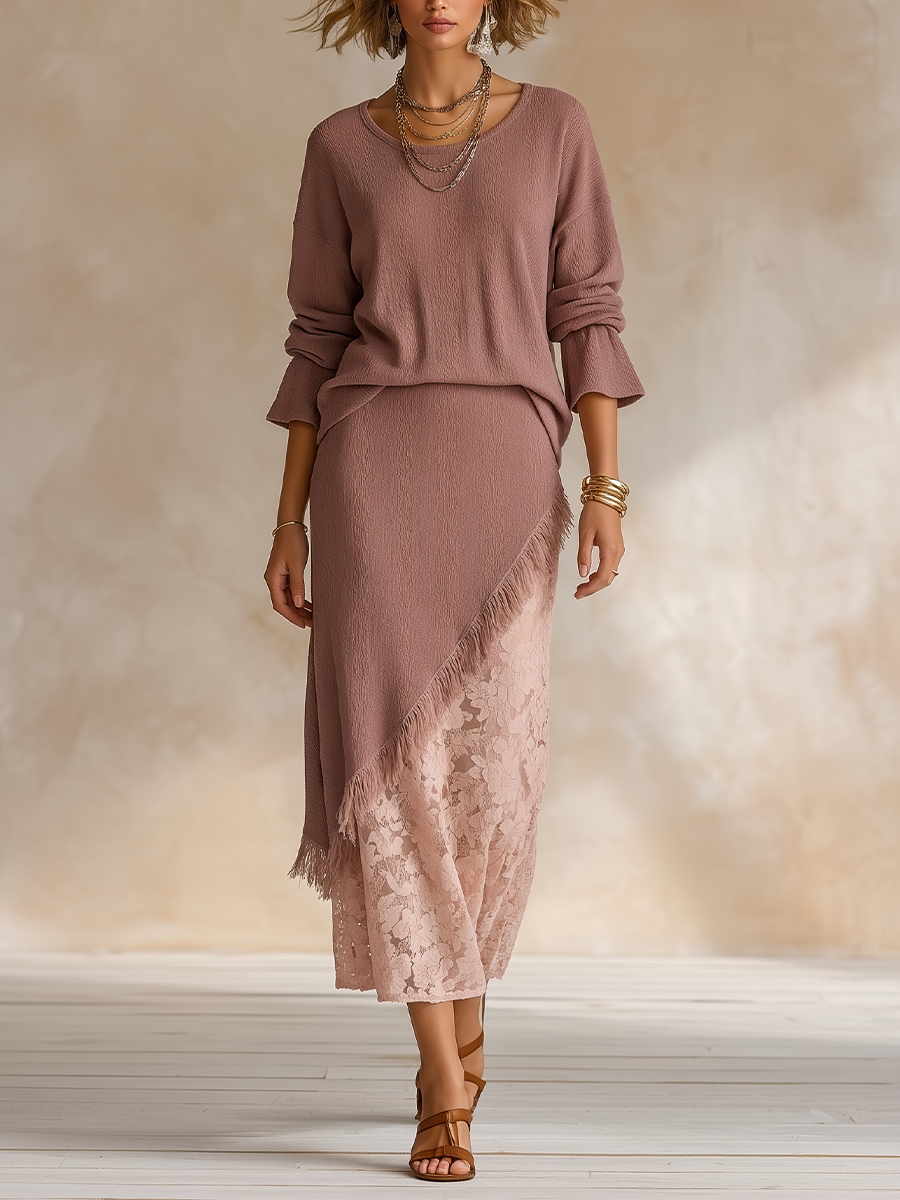 Earthy Boho Asymmetric Lace Panel Skirt Outfit Set