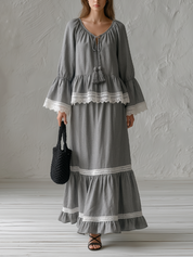 Romantic Boho Lace Trim Tiered Maxi Dress