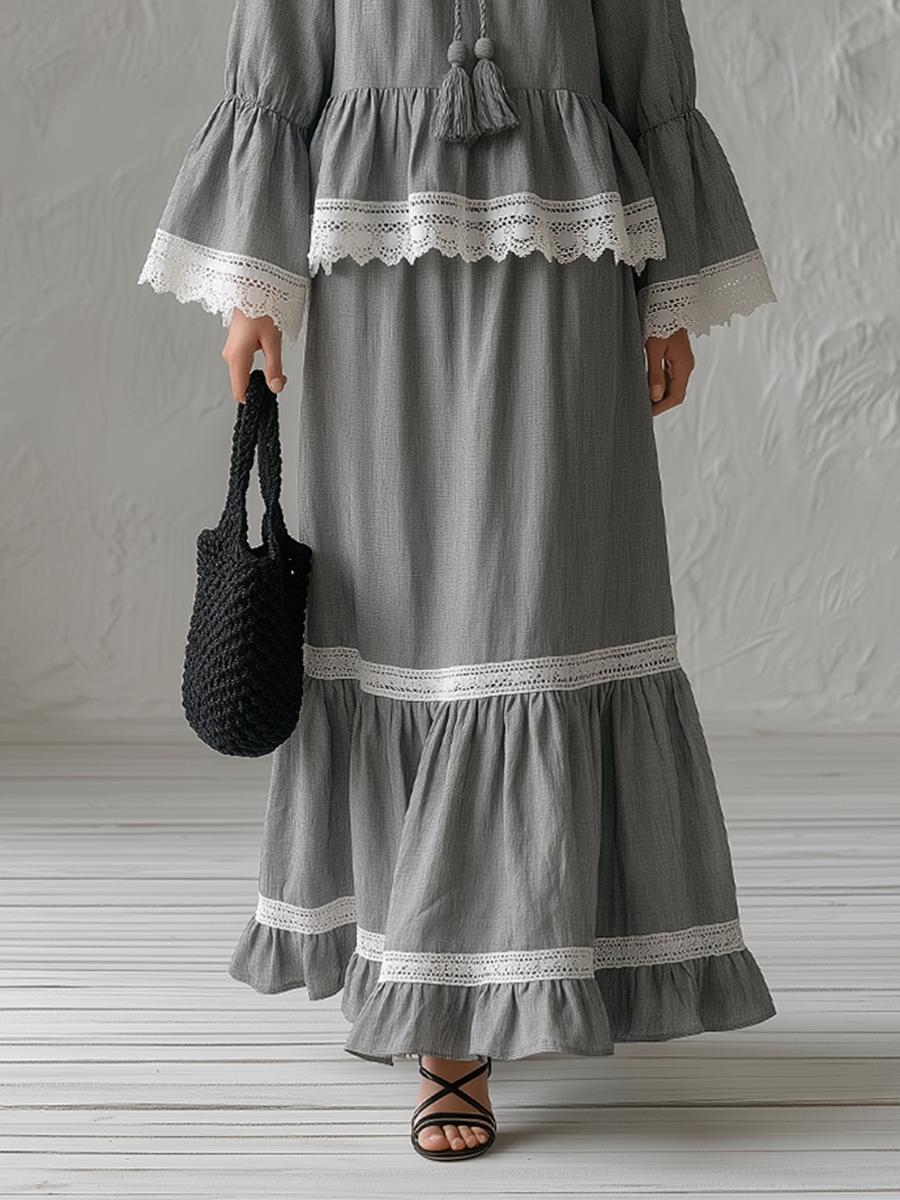 Romantic Boho Lace Trim Tiered Maxi Dress