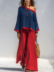 Refined Navy Contrast Trim Top & Wide Leg Pants Set