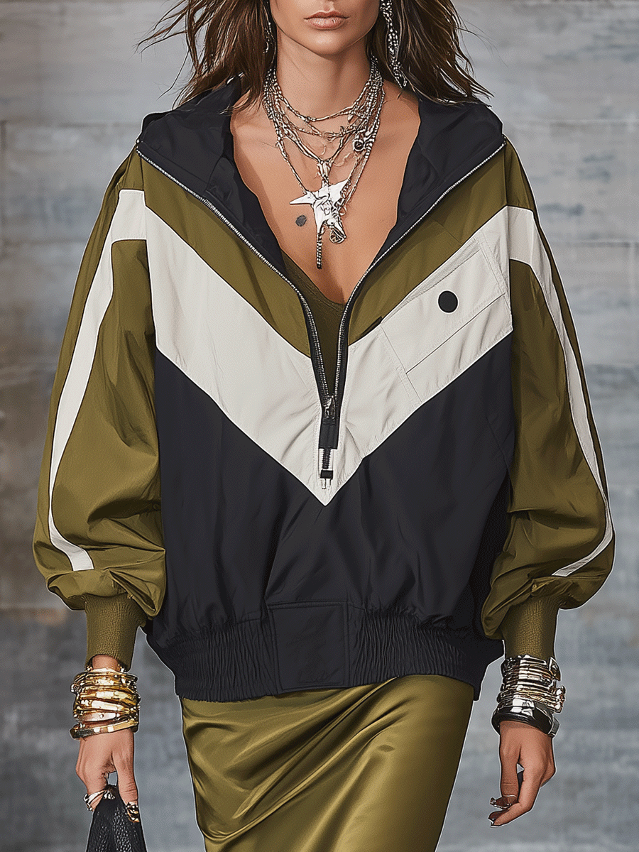 Athletic Color-Block Half-Zip Hooded Jacket
