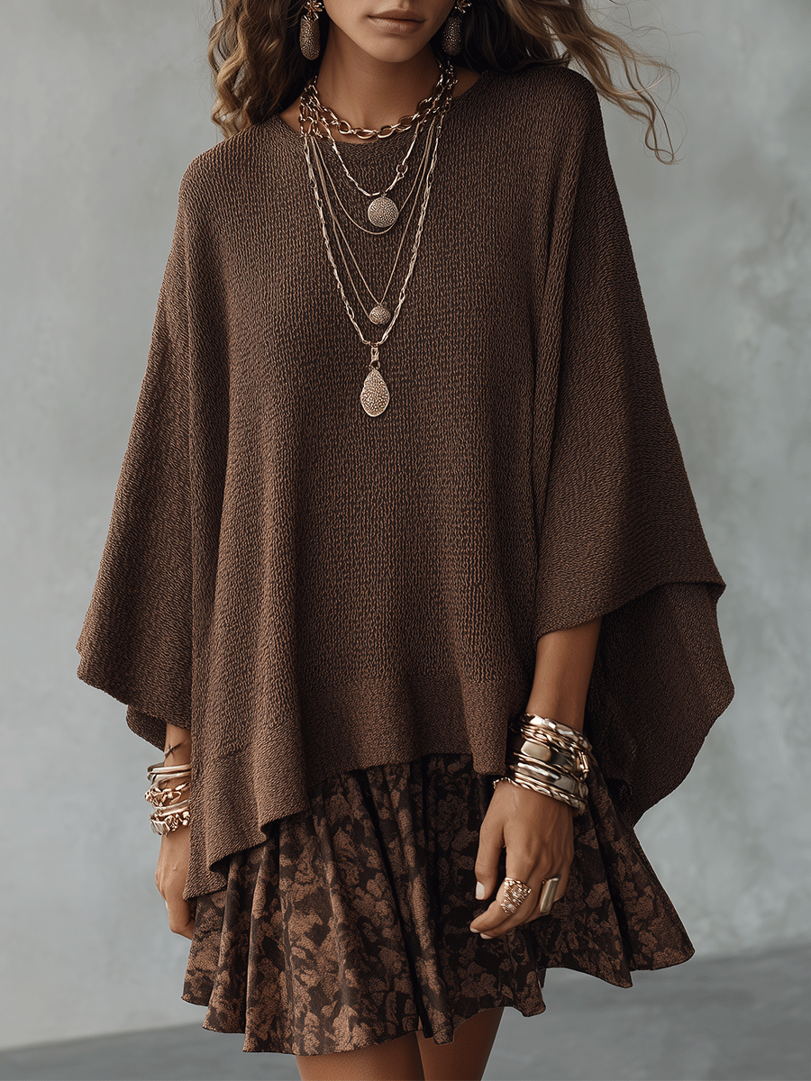 Cozy Boho Knit Cape Poncho Top & Floral Ruffle Skirt Brown Two-Piece Set