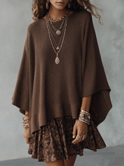 Cozy Boho Knit Cape Poncho Top & Floral Ruffle Skirt Brown Two-Piece Set