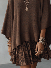 Cozy Boho Knit Cape Poncho Top & Floral Ruffle Skirt Brown Two-Piece Set