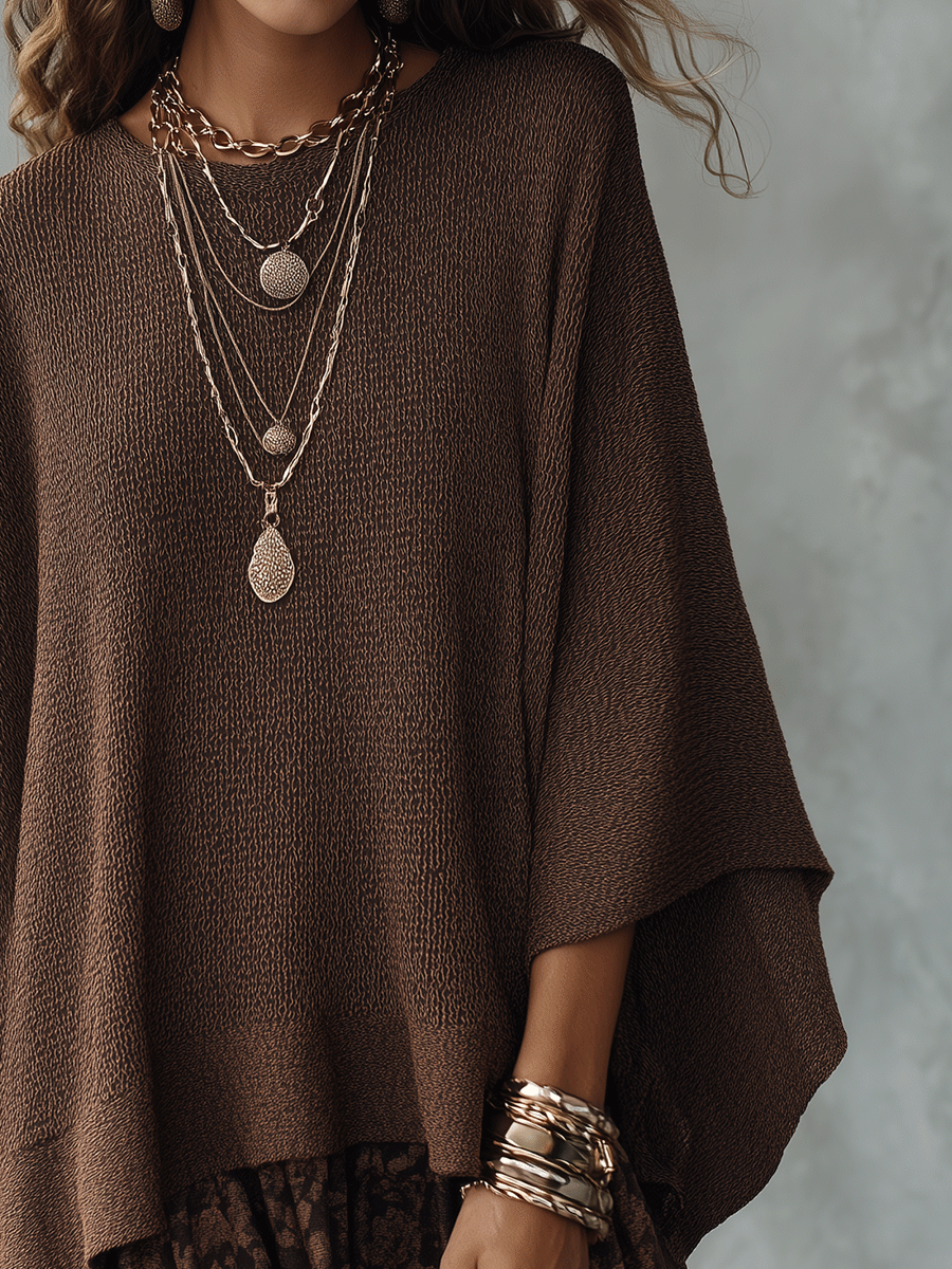 Cozy Boho Knit Cape Poncho Top & Floral Ruffle Skirt Brown Two-Piece Set