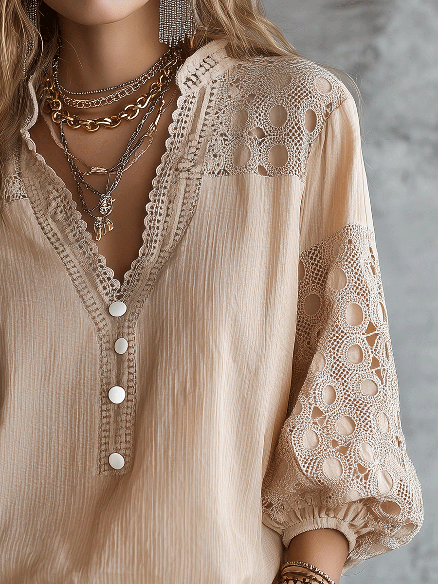 Women's Lace Crochet Panel V-Neck Balloon Sleeve Blouse