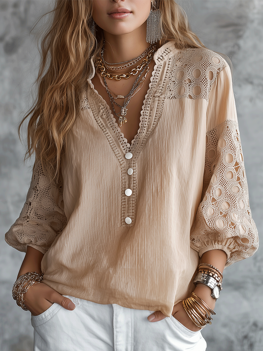 Women's Lace Crochet Panel V-Neck Balloon Sleeve Blouse