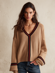 Quiet Luxury Soft Knit Relaxed-Fit Camel Contrast Trim Sweater
