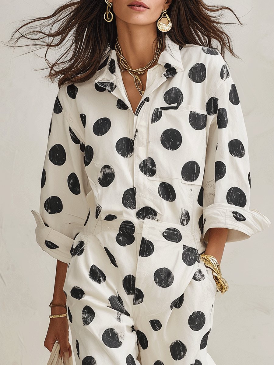 Women's Polka Dot Print Long Sleeve Cotton Jumpsuit