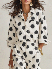 Women's Polka Dot Print Long Sleeve Cotton Jumpsuit