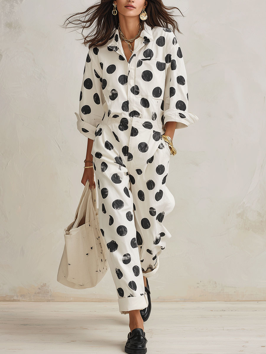 Women's Polka Dot Print Long Sleeve Cotton Jumpsuit