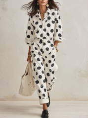 Women's Polka Dot Print Long Sleeve Cotton Jumpsuit