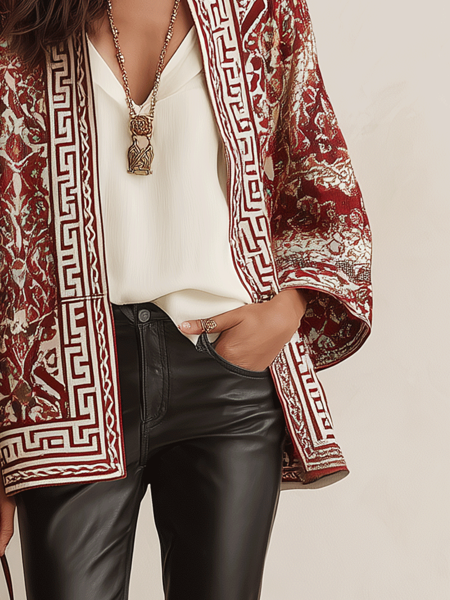 Geometric Print Open-Front Kimono Cape Jacket