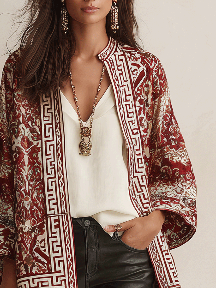 Geometric Print Open-Front Kimono Cape Jacket