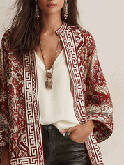 Geometric Print Open-Front Kimono Cape Jacket