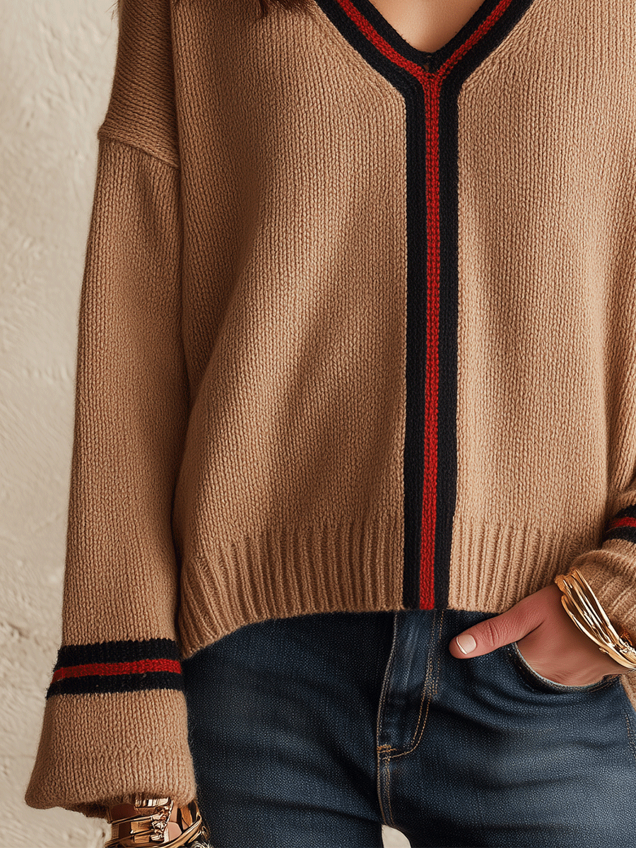 Quiet Luxury Soft Knit Relaxed-Fit Camel Contrast Trim Sweater