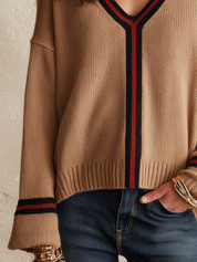 Quiet Luxury Soft Knit Relaxed-Fit Camel Contrast Trim Sweater