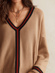 Quiet Luxury Soft Knit Relaxed-Fit Camel Contrast Trim Sweater